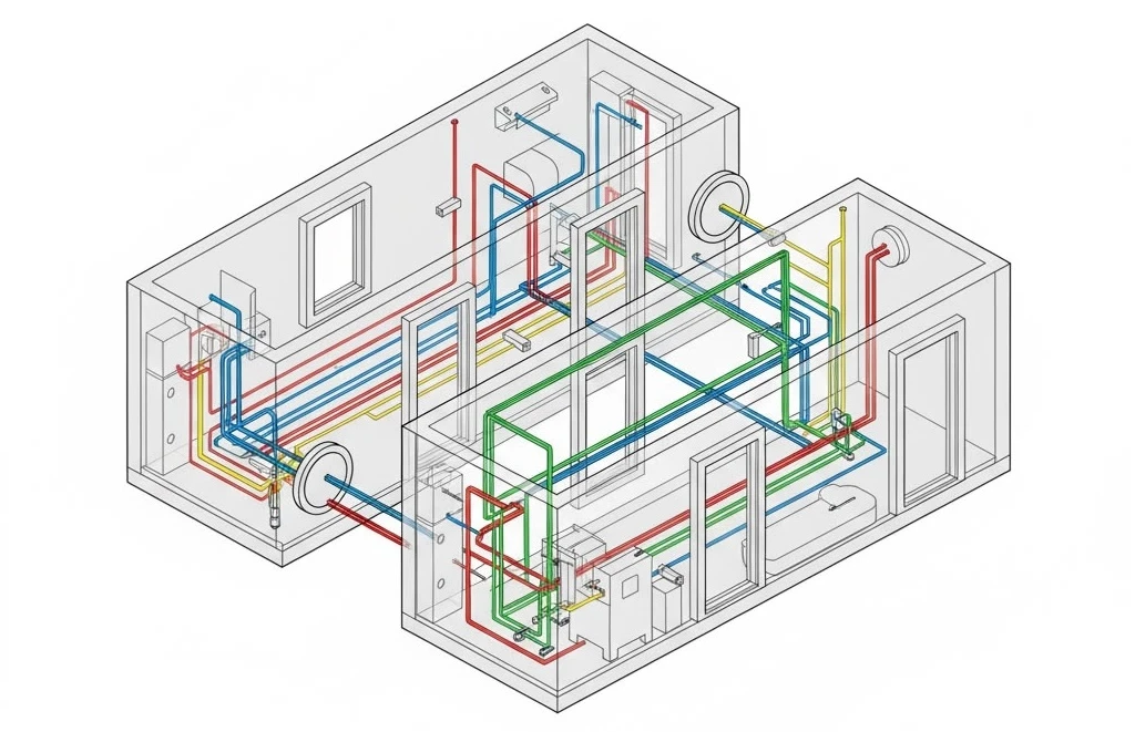 Схематичная 3D-иллюстрация стыковки двух модулей с выделенными точками соединения инженерных сетей