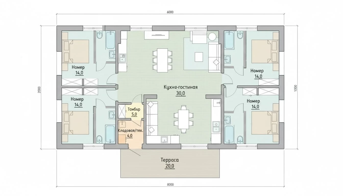 План-четреж модульного гостевого мини-отеля с зонированием
