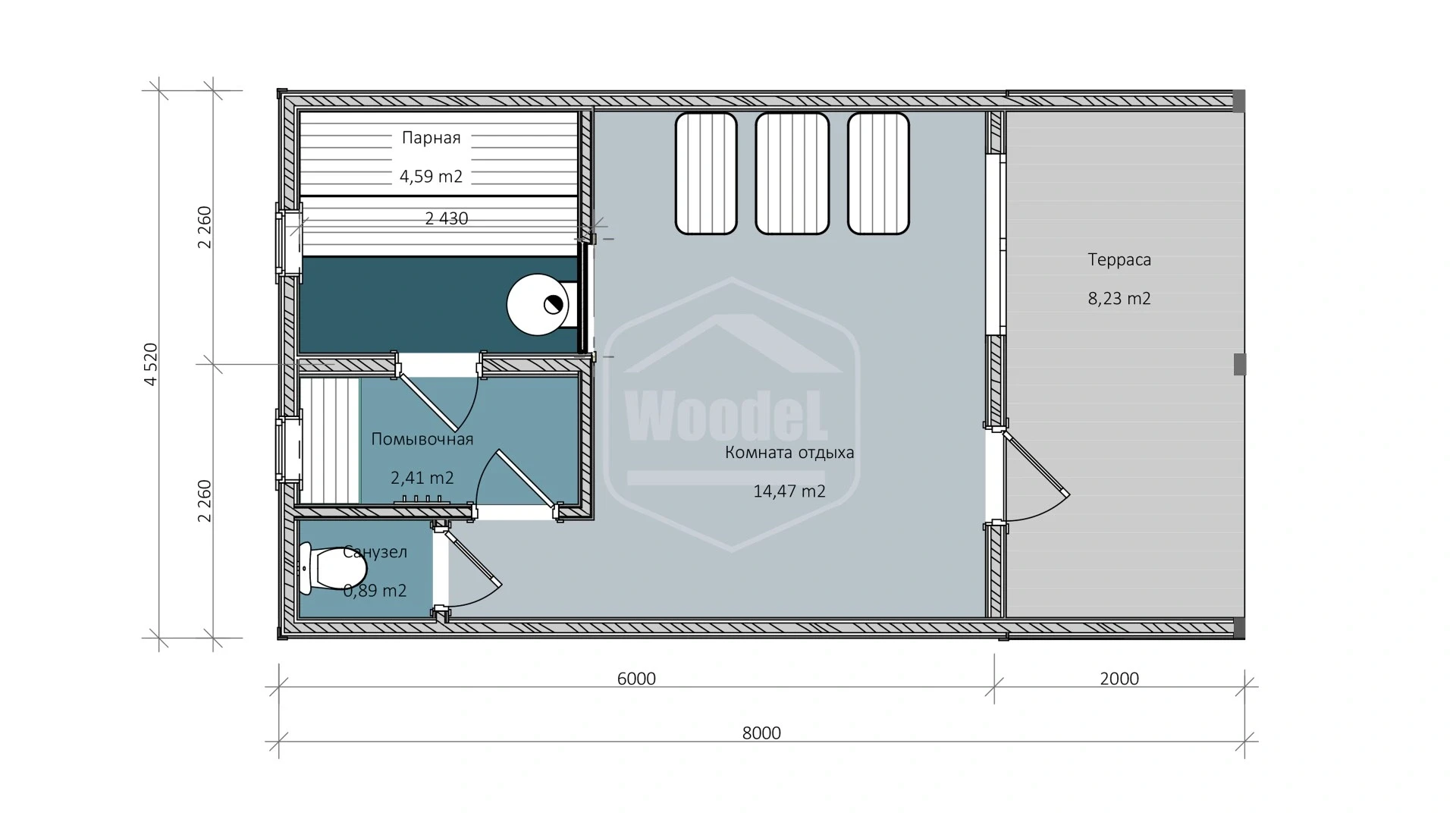 Woodel Barn 4,5х8 метров с террасой 2м